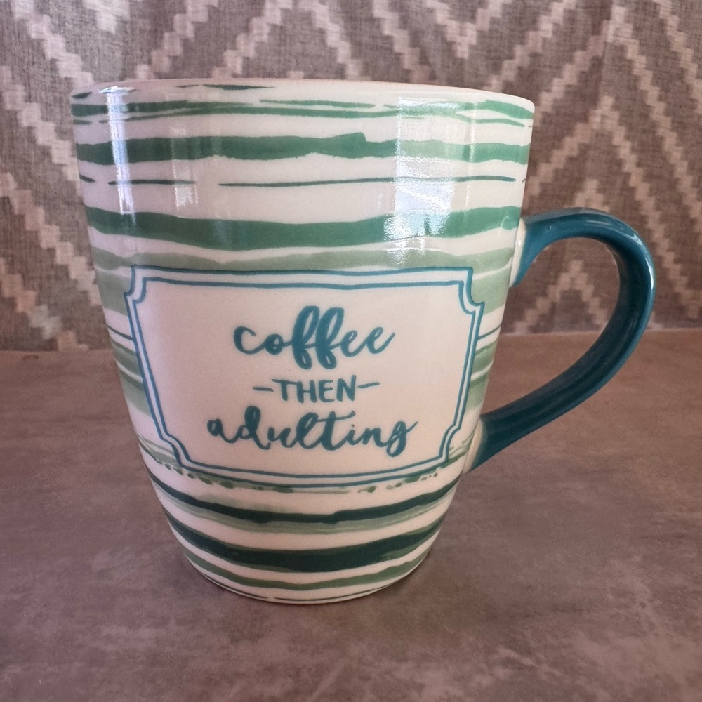 Funny Coffee Then Adulting Oversized Mug Teal Green Striped Porcelain